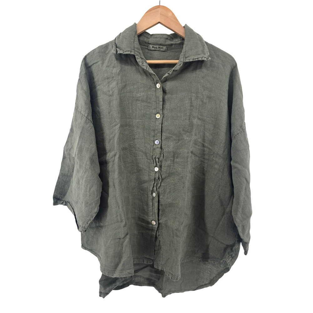 Meo Meli Button Up Shirt Womens One Size Olive Green Linen Lagenlook Made Italy